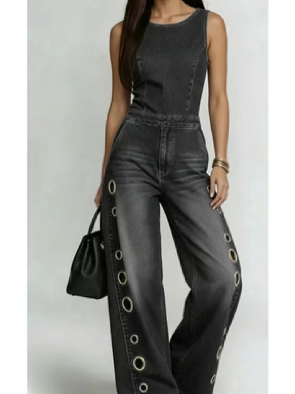 Wide-Leg Eyelet Detail Jeans Jumpsuit - Black